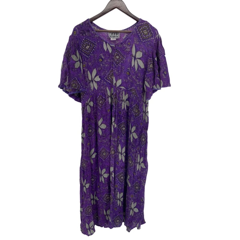 M.P.H. Womens Vintage Dress PURPLE Floral Button Short Sleeve SIZE LARGE